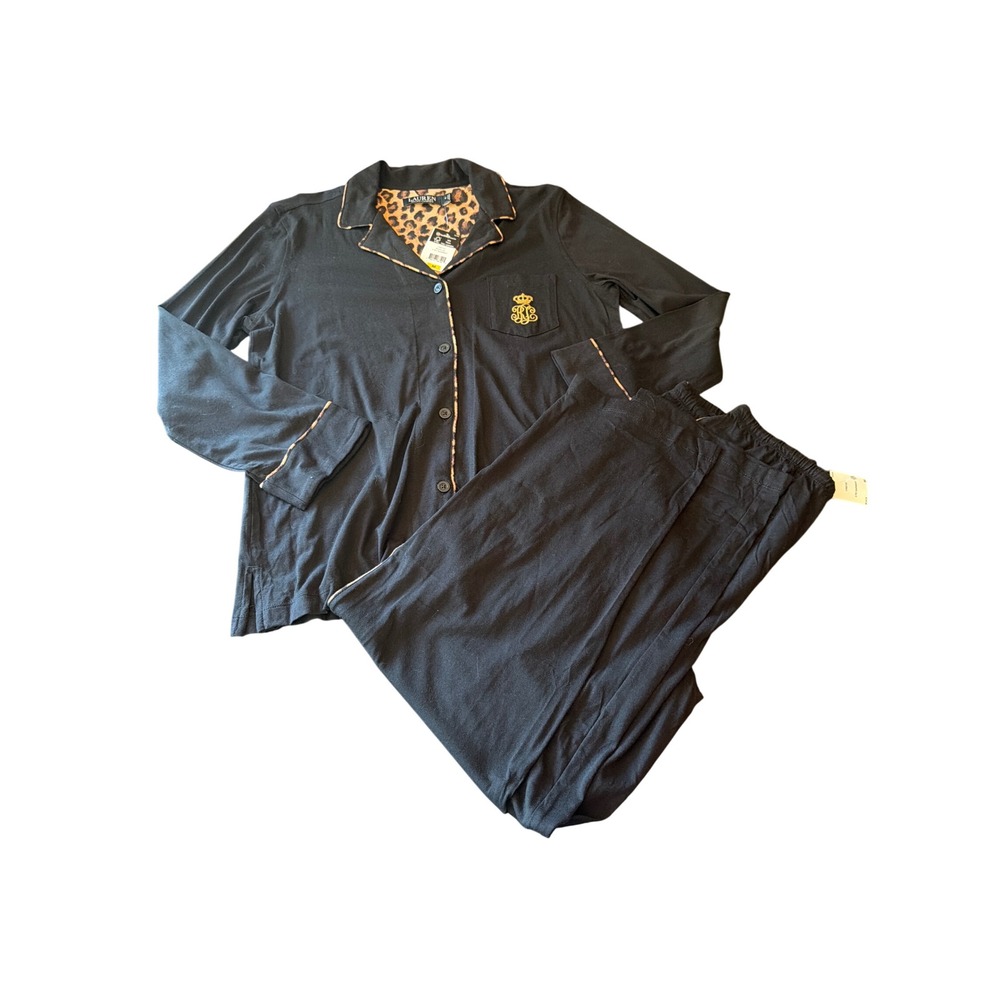 Lauren Ralph Lauren Pajama Set Black Leopard Trim Crest LN92123 2-Piece Medium